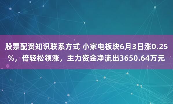 股票配资知识联系方式 小家电板块6月3日涨0.25%，倍轻松领涨，主力资金净流出3650.64万元